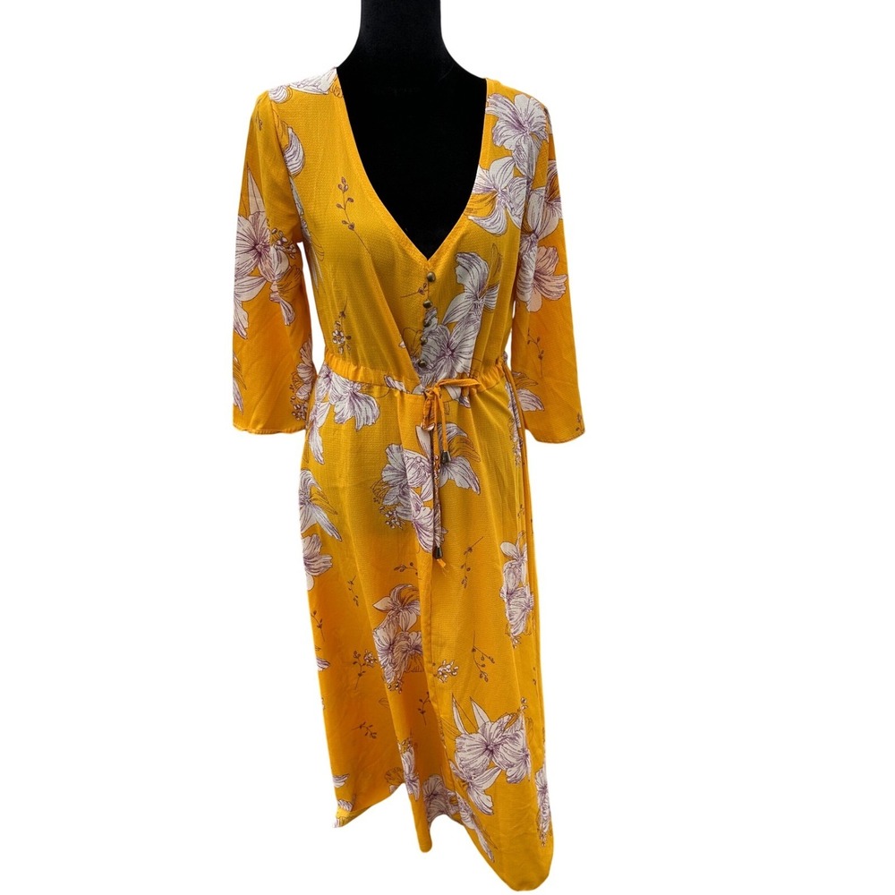 Fisoul Mustard Yellow Floral Maxi Dress V-Neck Boho Tropical Y2K 3/4 Sleeve